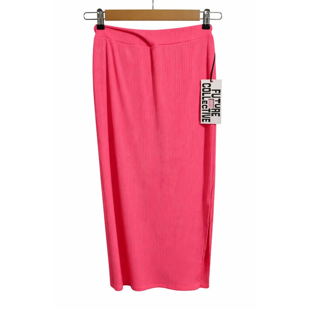 Women's Hot Pink Ribbed Midi Stretch Fit, Side Slit, High Waist Skirt